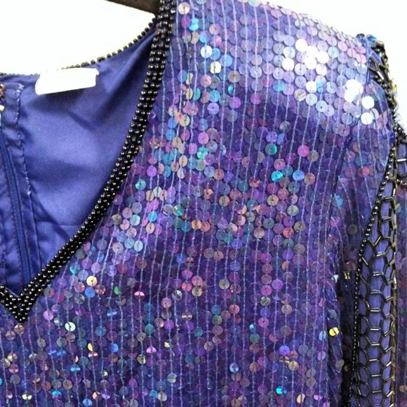 Vintage 80s Stenay India Silk Sequin Blouse Beaded Top Ladies-M Flower Leaf Blue - Picture 3 of 12